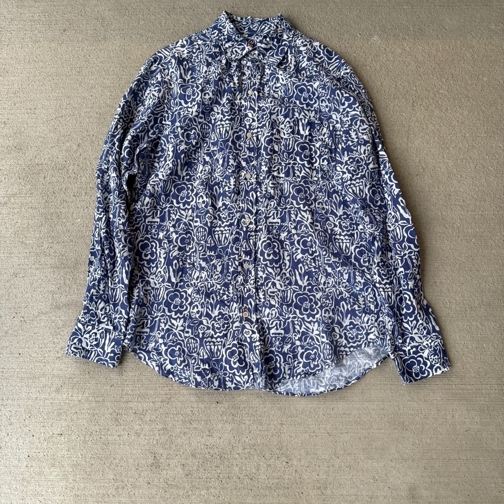 J. McLaughlin Mens Button Up Shirt Blue Long Sleeve Floral Regular Fit Small